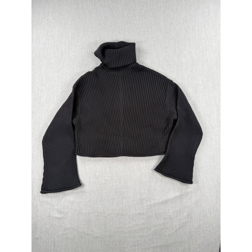 House of Harlow 1960 Black Ribbed Cropped Turtleneck Sweater Wide Sleeve Small